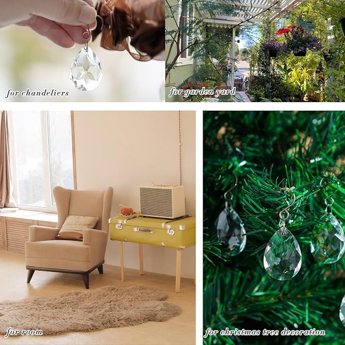 10 Pcs 38mm Clear Crystal Teardrop Chandelier Hanging Suncatcher Parts | Clear Crystal Teardrop Prisms Pendants with Hooks Suncatcher for Lamp Window Christmas Tree Wedding Decor
