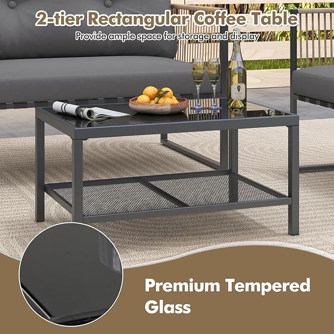 Tangkula 4 Pieces Patio Furniture Set, Outdoor PE Rattan Conversation Sofa Set with Thick Cushions and 2-Tier Tempered Glass Coffee Table for Garden, Porch, Balcony and Backyard (Grey,1)