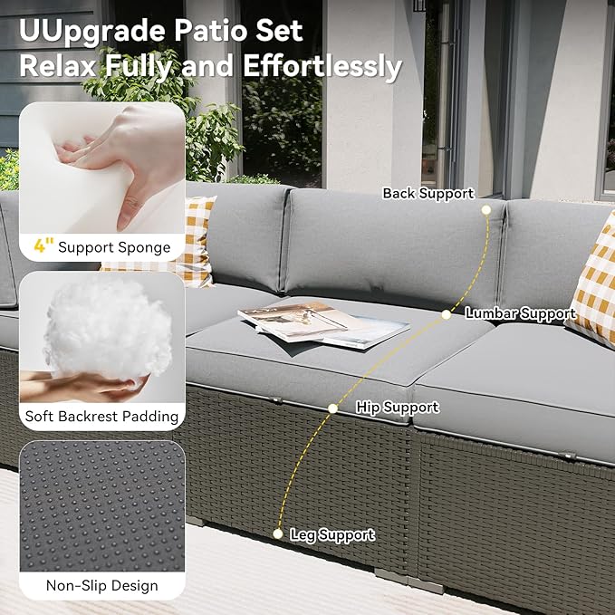 Aoxun Patio Furniture Set with Umbrella, 8 Piece Outdoor Sectional Sofas, Wicker Rattan Outdoor Furniture with Thickened Cushion for Backyard, Garden Light Grey