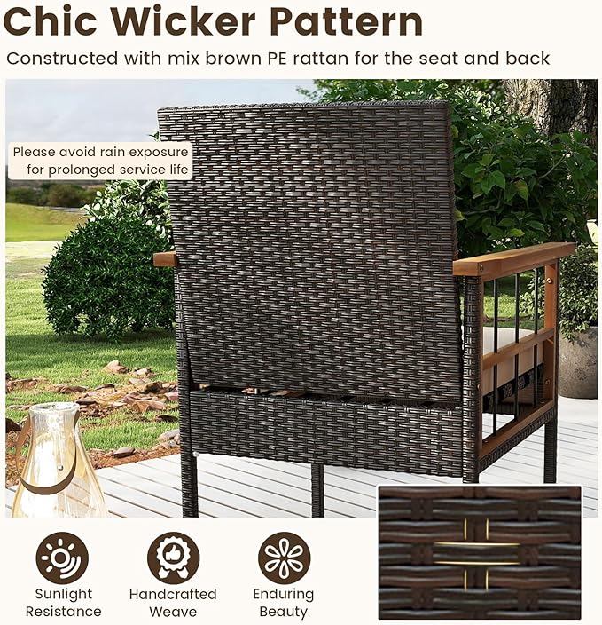 Tangkula 8 Pieces Wicker Patio Conversation Furniture Set, Outdoor Rattan Cushioned Armchairs & Coffee Table Set with Acacia Wood Tabletop for Backyard, Porch, Balcony