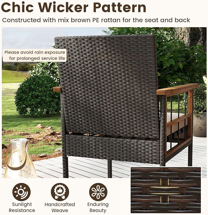 Tangkula 8 Pieces Wicker Patio Conversation Furniture Set, Outdoor Rattan Cushioned Armchairs & Coffee Table Set with Acacia Wood Tabletop for Backyard, Porch, Balcony