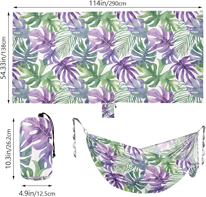 Camping Hammock Outdoor Hammocks for Outside Green Purple Tropical Leaf Beach Trees Portable Lightweight with Pockets Tree Straps Indoor Small