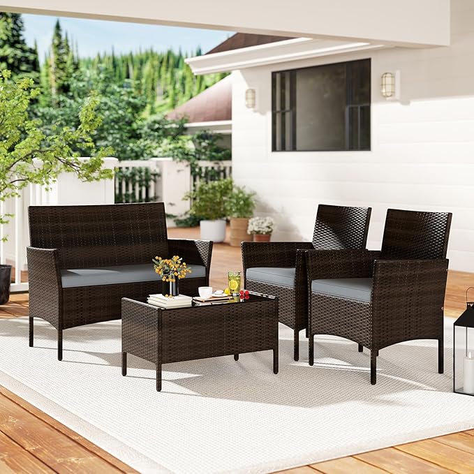 S AFSTAR 4 Pieces Patio Rattan Conversation Set, Patio PE Outdoor Set w/Tempered Glass Coffee Table, Loveseat & Chairs, Zippered Gray Cushions, Wicker Patio Sofa Set for Backyard, Garden & Poolside