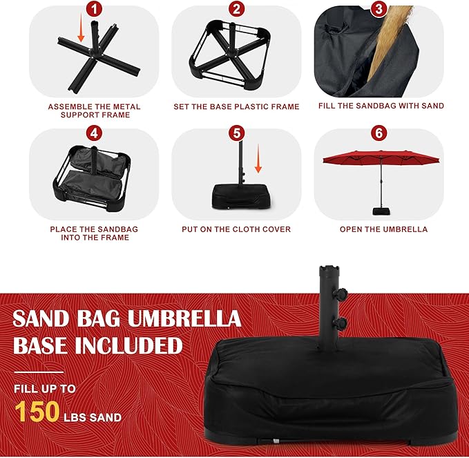 Sundale Outdoor Olefin 5-Year-Non-Fading 15 ft Patio Umbrella with Sand Bag Base and Cover, Large Outdoor Double-Sided Umbrella