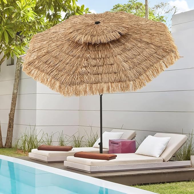 HAPPYGRILL 7.2FT Hula Thatched Tiki Umbrella w/Tilt, Hawaiian Style Beach Umbrella Patio Table Market Umbrella, Sun-Protective Portable Tropical Palapa for Outdoor Tiki Bar Garden Beach Pool Backyard (8.8 FT)