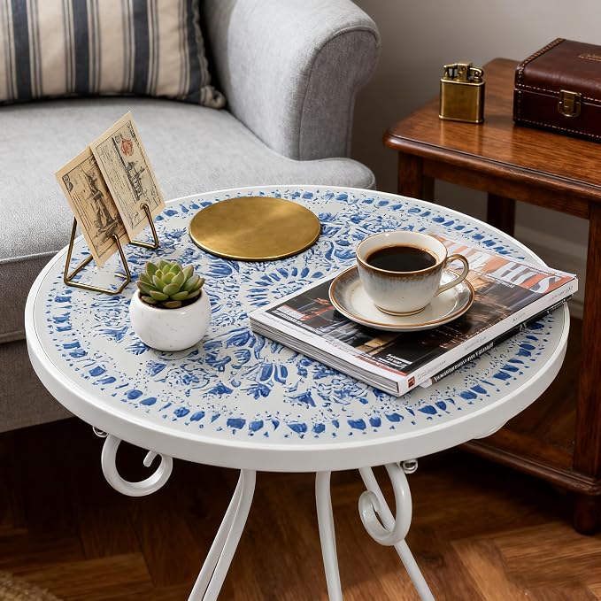 Outdoor Side Table & Mosaic Plant Stand, 14" Ceramic Tile Top Round End Table Accent Table, Indoor Outdoor Coffee Tea Table for Yard Porch Garden Patio Living Room Bedroom (Blue, 14 Inch)