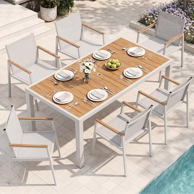 Outdoor Dining Chairs Set of 2, Aluminum Patio Armchairs, All Weather Patio Dining Furniture for Backyard, Deck, Poolside (White-Teak)