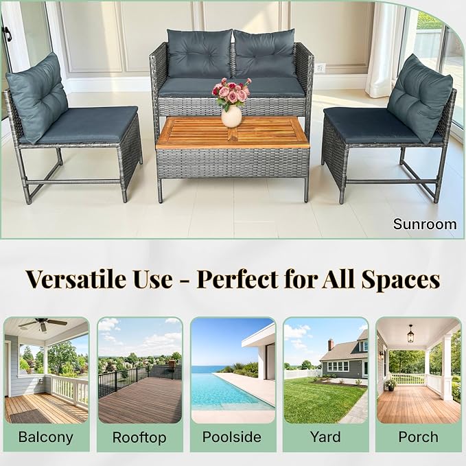 GIANGSUNNY 4 Piece Patio Furniture Set with Acacia Wood Table, Outdoor Hand-Woven Wicker Rattan Conversation Set, Weather-Resistant Seating for Patio, Balcony, Porch, Garden (Grey)