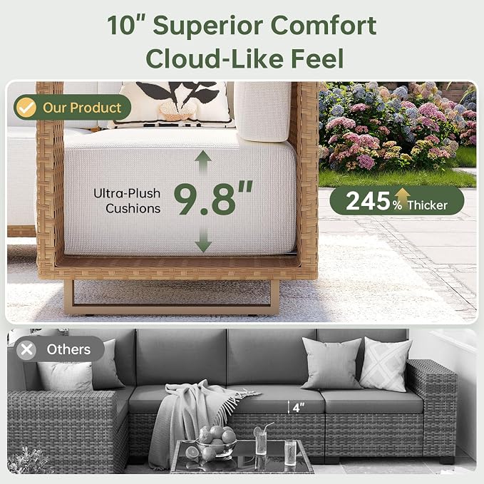Aoxun Patio Furniture Set, 6 Piece Outdoor Wicker Sectional Sofa, All‑Weather Rattan Modular Sofa with 10'' Ultra‑Thick Cushions, Outdoor Conversation Set for Backyard, Poolside & Garden, Yellow/Beige