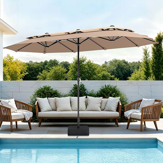 PHI VILLA 13ft Large Patio Umbrellas with Base Included, 2-Tier Double-Sided Outdoor Market Rectangle Umbrella for Outside, Beige&Tan