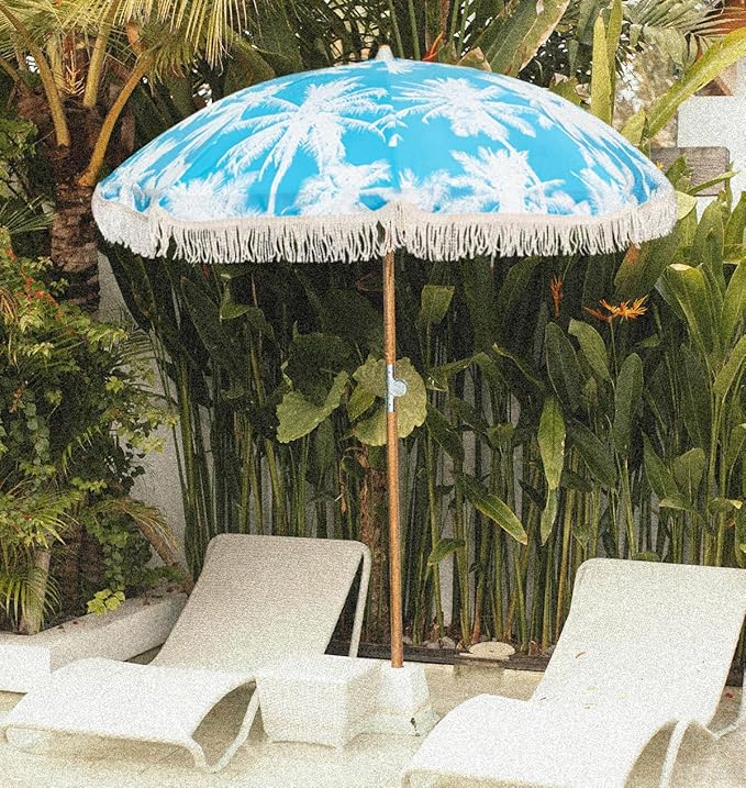 6.5Ft Boho Beach Umbrella with Fringe, Tassel Umbrellas with Tilting Wood Pole & Carrying Bag, UPF 50+ for Beach