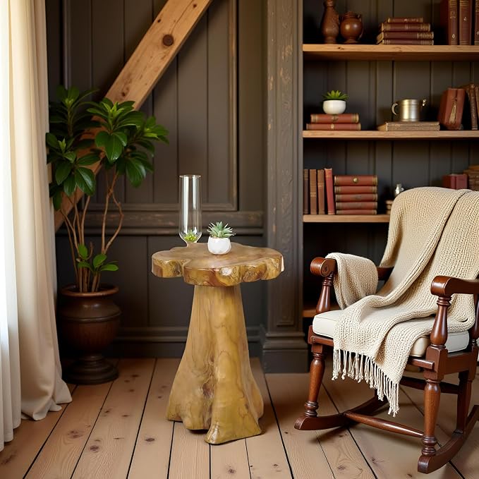 Teak Wood Stump Side Table 14"x15"x19" H Solid Natural Wood Live Edge Tree Stump Plant Stand Rustic Handmade Coffee End Table for Living Room Bedroom Outdoor Garden