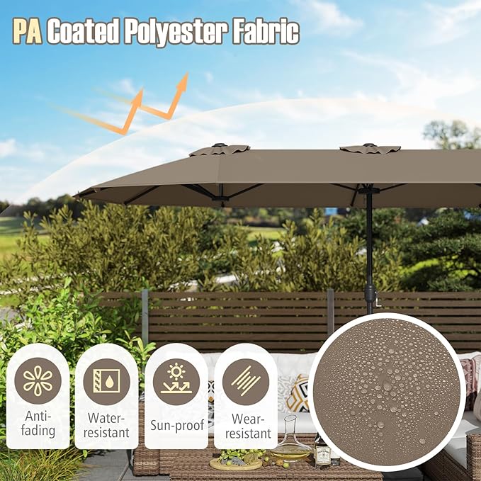 Tangkula 13FT Double-sided Patio Umbrella, Extra Large Twin Table Umbrella with Crank Handle, Umbrella Base, Safety Lock, Air Vent, Outdoor Market Umbrella for Garden Pool Backyard (Tan)