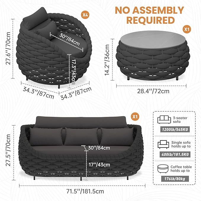 Aluminum Rope Patio Furniture Set: 6 Pieces Assembled Outdoor Conversation Sofa Set for 7 - Modern Metal Couch Set Cushioned - All Weather Porch Seating for Deck Garden Lanai Hotel, Dark Gray
