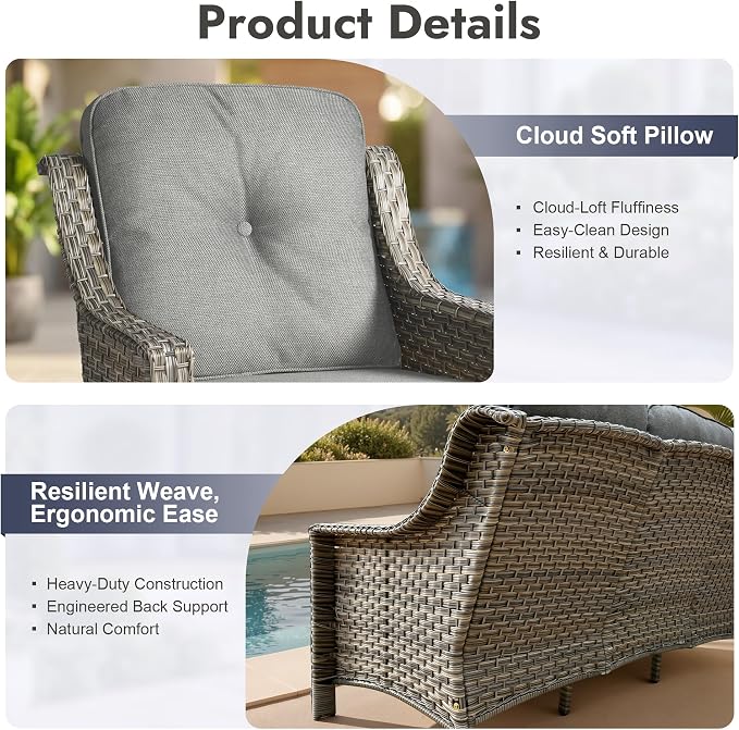 6 PCS Patio Furniture Set, Deep Seat High Back Outdoor Conversation Set with Ottomans, Wicker Outside Furniture with Solar Light Coffee Table for Porch Backyard Balcony, Sunroom, Dark Grey