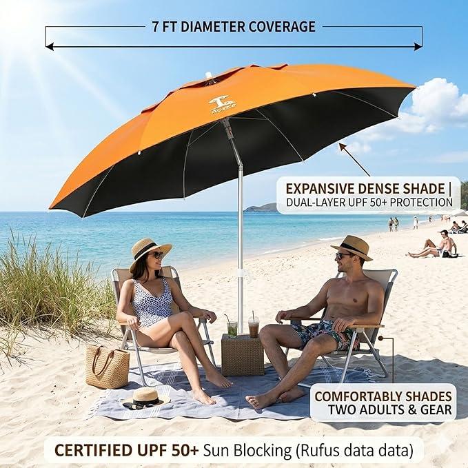 7ft Beach Umbrella, Portable Wind Beach Umbrellas for Sand with Anchor and Carrying Bag, UPF50+ UV Protection Outdoor Sunshade Umbrella,Tilt Sun Shelter for Beach Patio Backyard