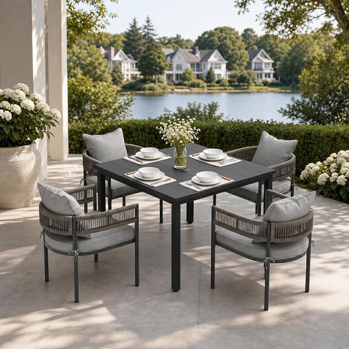 VICLLAX Patio Dining Set, 40.2" Black Table & 4 Chairs with Grey Cushion | Outdoor Table and Chairs Set of Square Metal Patio Table, Outdoor Dining Chairs with Metal Frame, Garden Deck Porch