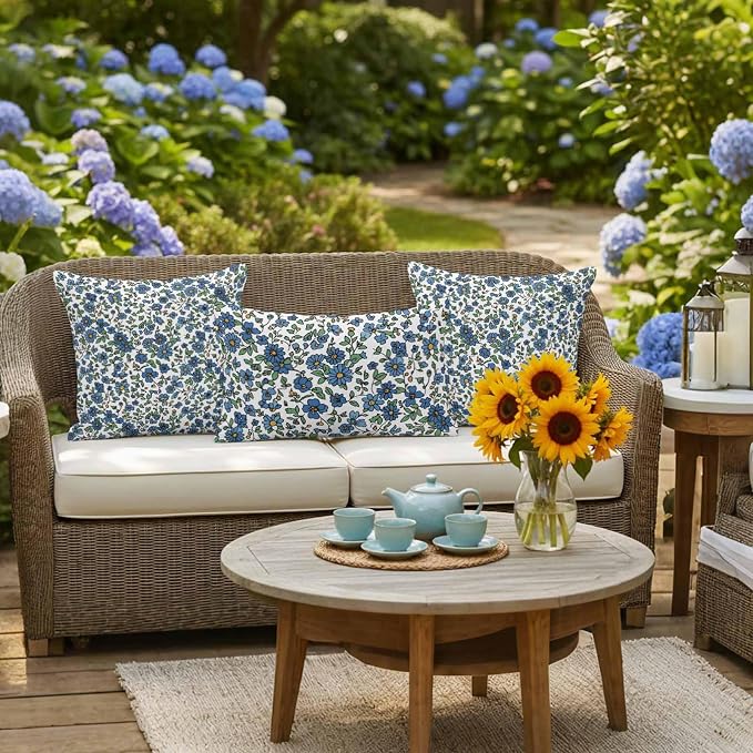 JasmineM Outdoor Pillow Cover Set of 2 Farmhouse Botanical Herbs Waterproof Throw Pillow Covers Blue White Decorative Pillowcases Garden Cushion Case for Patio Couch Sofa 16x16 Inch