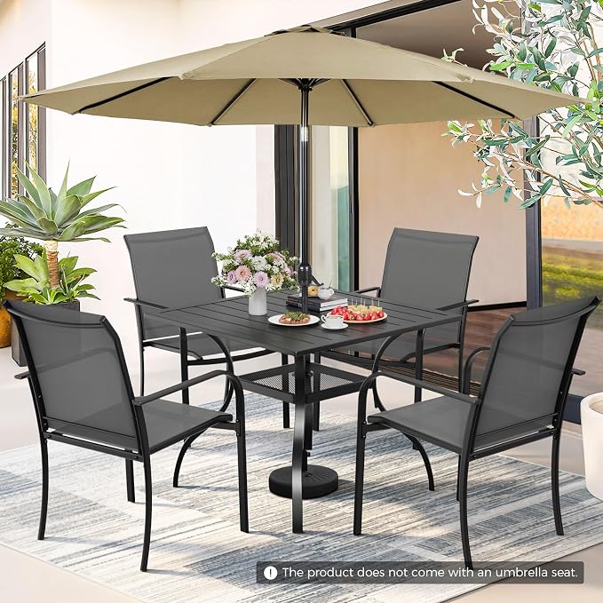 5-Piece Patio Dining Set with Umbrella,4 Person Outdoor Table and Chairs Set, 4 Metal Dining Chairs and Square Outdoor Table with 1.57" Umbrella Hole,Grey