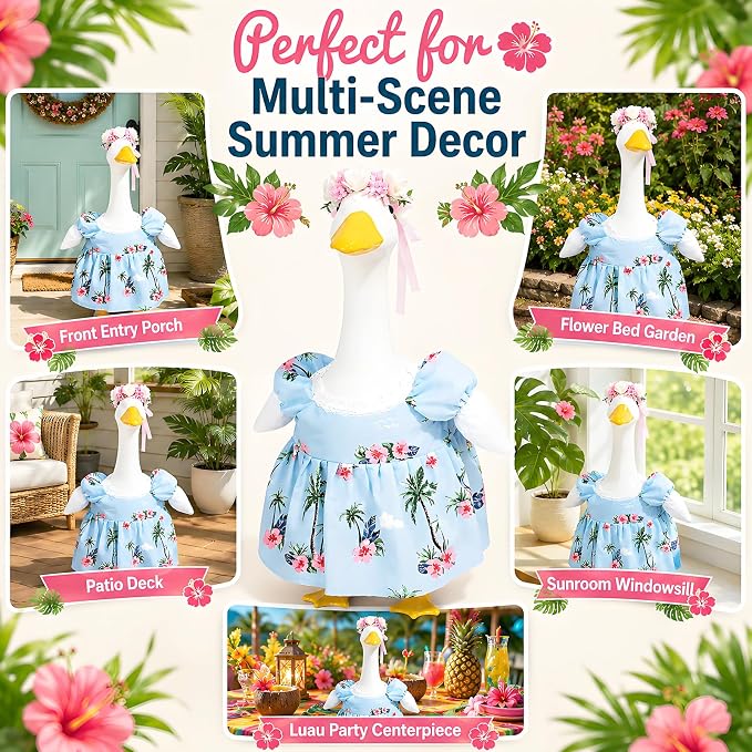 Funny 2 Pack Hawaiian Porch Goose Outfit for 17/23 Inch Lawn Geese Statue, Tropical Palm Floral Summer Dress & Flower Lei Headband Set, Aloha Style Goose Costume for Outdoor Yard Patio Garden Décor