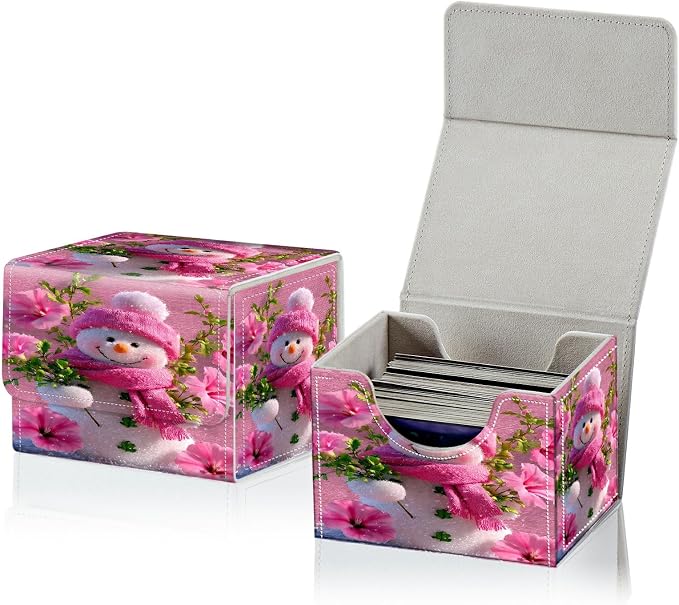 Card Deck Box for MTG, Cards Storage Box Fits 120+ Sleeved, Leather Small Size Strong Magnetic Closing Card Case for Board Games Magic TCG CCG Baseball Collection, Pink Flower Snowman
