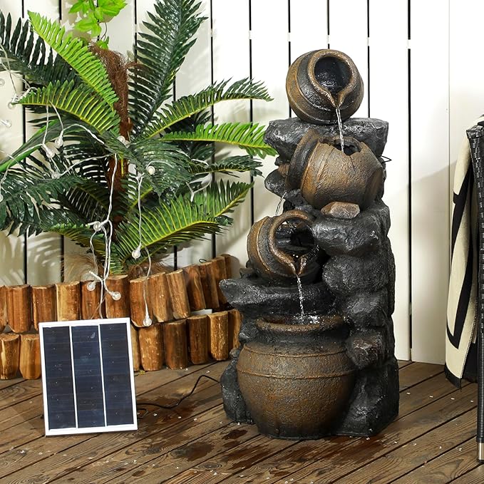 Outsunny 28.3" Tall Solar Powered Outdoor Water Fountain, 4-Tier Floor Standing Resin Cascading Jars and Stacked Stones Waterfall Fountain with LED Lights and Pump for Garden, Patio, Backyard