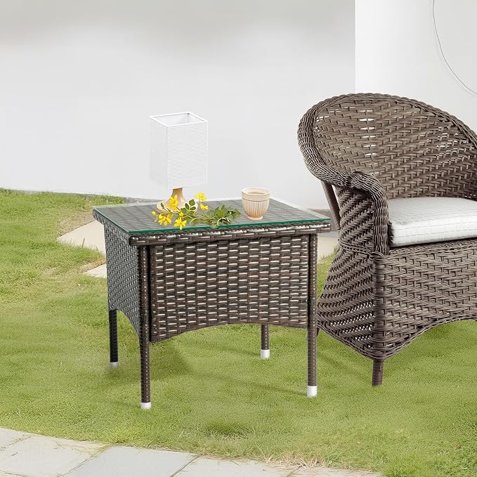 20" Square Patio Side Table,Small Outdoor Wicker End Tables,All-Weather Rattan Coffee Table,Bistro Dining Tables,with Glass Tabletop,for Lawn Garden Backyard Deck Porch Poolside Balcony (Brown)