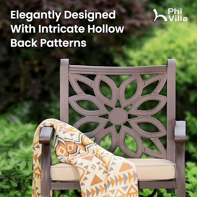 PHI VILLA 7 Pieces Outdoor Cast Aluminium Dining Set for 6, 54" Round Patio Table with Umbrella Hole & Heavy-Duty Swivel Chairs with Cushions, Large Outside Furniture Set for Deck, Porch - Brown