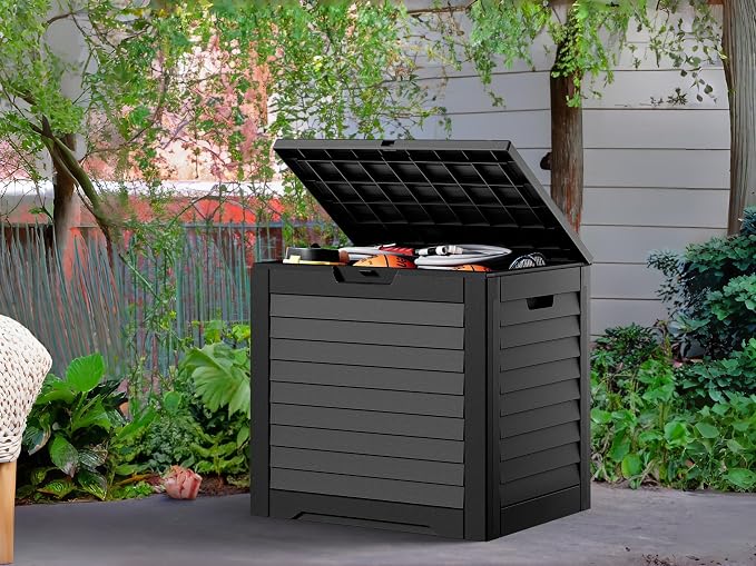 35 Gallon Louvered Outdoor Deck Box, Waterproof Resin Storage Box with Lockable Lid for Patio, Garden, Poolside Toys and Package Delivery