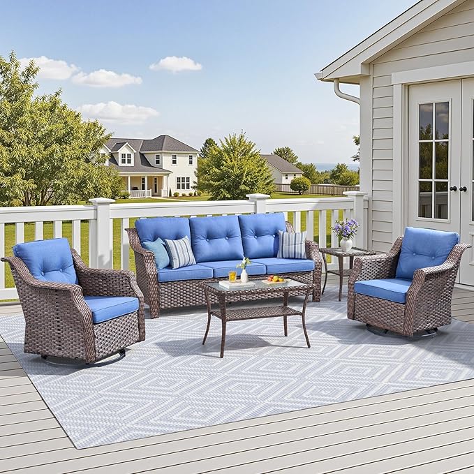 Outdoor Swivel Rocking Chair Set (5-Piece), Rocking Chair with Sofa and Coffee Table Set, Crafted from PE Rattan with an Elegant Side Table, Ideal for Gardens and Patios, Brown/Blue
