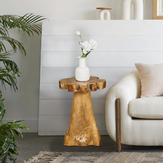 Teak Wood Stump Side Table 14"x15"x19" H Solid Natural Wood Live Edge Tree Stump Plant Stand Rustic Handmade Coffee End Table for Living Room Bedroom Outdoor Garden