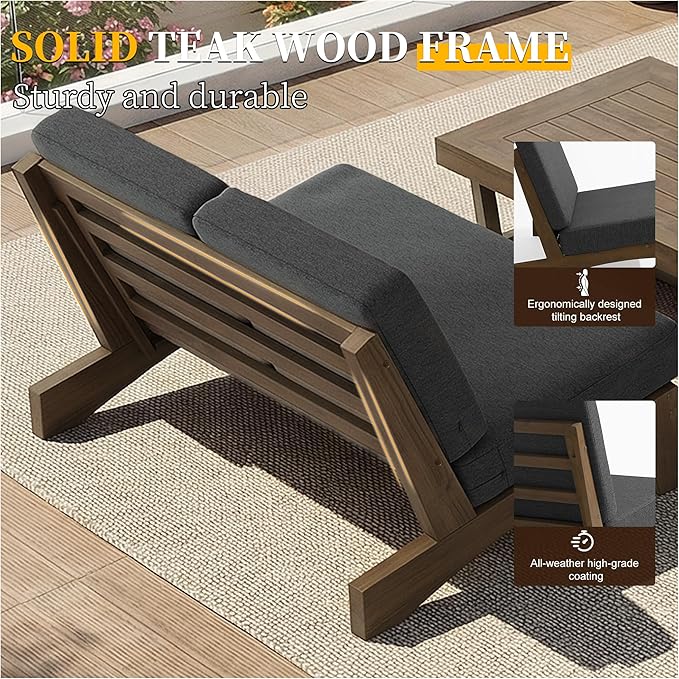 UIXE 2 Pieces All Weather Wood Patio Furniture Sets, Patio Loveseat Outdoor Sofa with Solid Wooden Coffee Table - Dark Gray