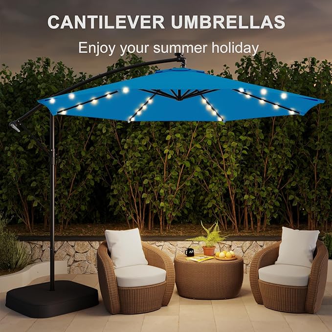 EROMMY 10FT 40-LED Solar Lighted Patio Umbrella with Base Included, Outdoor Offset Cantilever Umbrella, Infinite Tilt, Crank and Cross Base, UV Protection for Backyard, Lawn, Garden & Pool