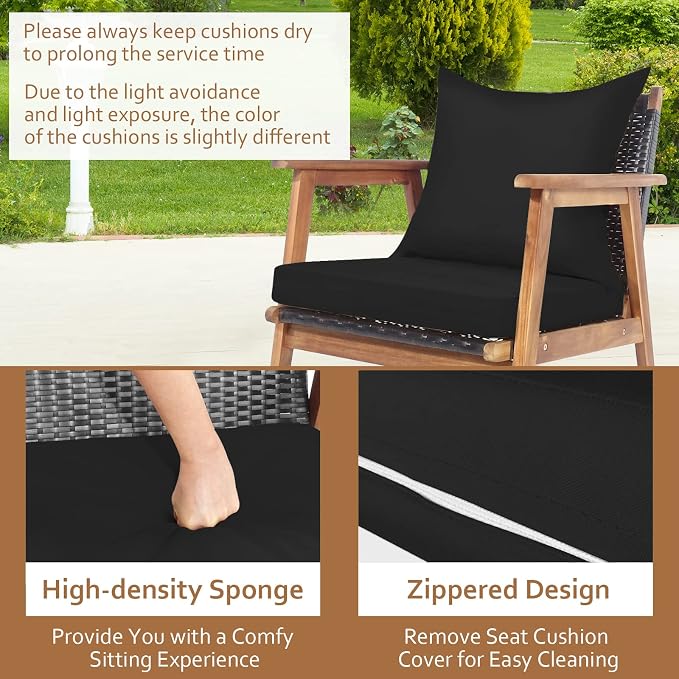 COSTWAY 4 Pieces Acacia Wood Patio Conversation Set, Outdoor Wicker Sofa with Coffee Table & Cushions, Patio Rattan Furniture Set for Yard, Porch, Poolside, Balcony, Backyard, Black & Turquoise