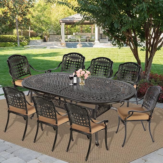 MEETWARM 9-Piece Patio Dining Set Outdoor Furniture with 8 Stackable Patio Chairs and Large Table, 8 Cushions, All Weather Cast Aluminum Patio Garden Set, 2" Umbrella Hole, Dark Bronze