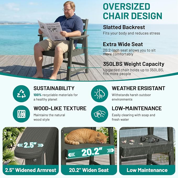 PLUUV 5-Piece Patio Dining Set, Hdpe Outdoor Patio Furniture Set with Aluminum Table Legs & Umbrella Hole, All-Weather Resistant Patio Table Set for Garden, Backyard, 4 Chairs & 1 Table, Gery