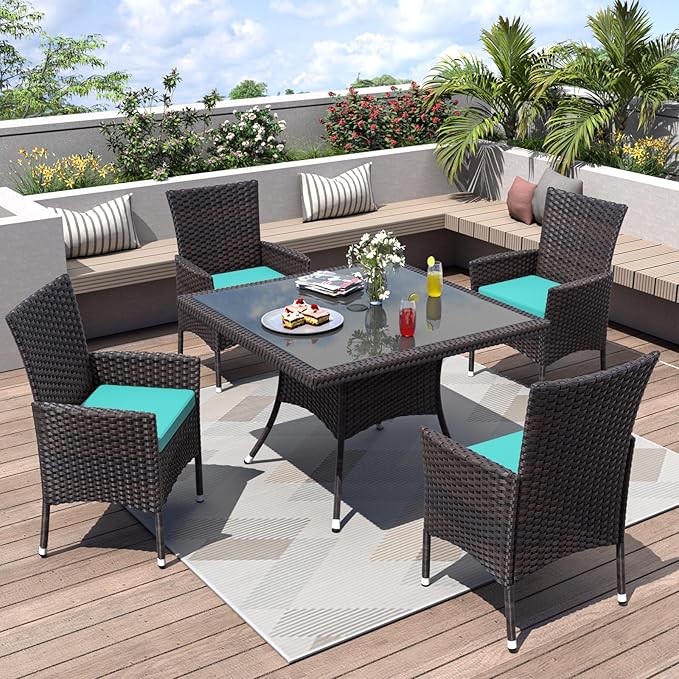 ALAULM 5 Piece Patio Dining Set All-Weather Wicker Outdoor Patio Furniture Set w/Tempered Glass Tabletop, Removable Cushions and Umbrella Hole for Patio, Backyard, Garden, Poolside（Blue）