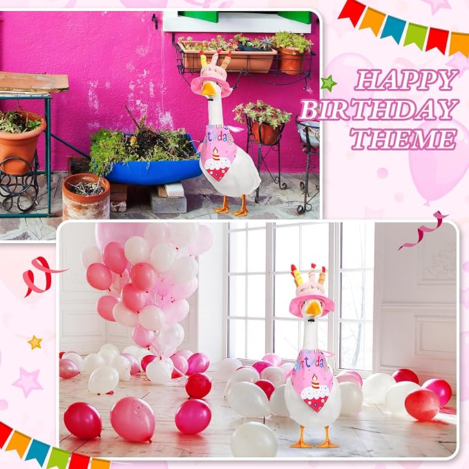 Dansydaisy Happy Birthday Goose Outfit Porch Goose Outfits with Happy Birthday Cake Hat and Bandana Yard Geese Outfits for 23" 17" Cement Plastic Geese Duck Decorations(Style 1,Pink)