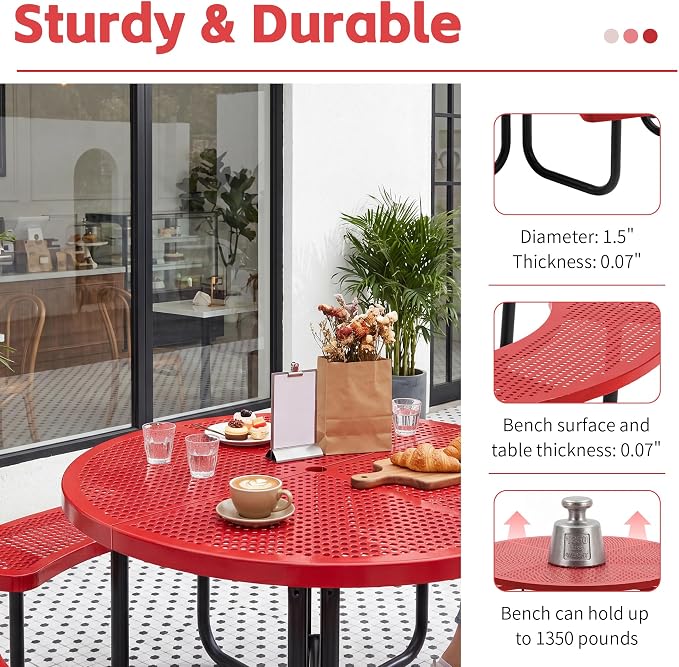 46" Outdoor Round Perforated Picnic Table Metal Camping Table with Umbrella Hole - Heavy Duty Steel Mesh Picnic Bench Set for Backyard Garden Deck, Red