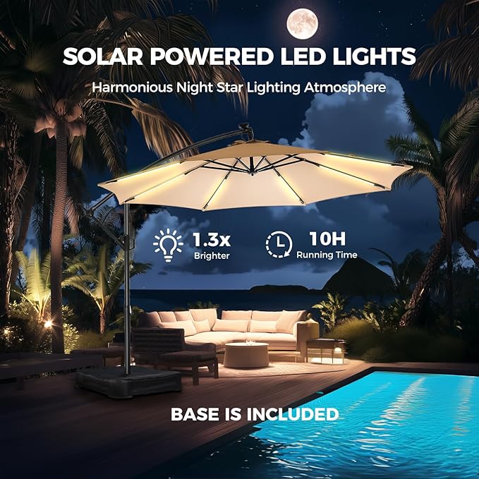 HOMSHADE 10 ft Offset Patio Umbrella with Solar Lights, LED Lighted Umbrella Outdoor Patio with Base Included, Heavy Duty Hanging Cantilever Umbrellas for Pool Deck with UV Protection&Easy Tilt, Beige