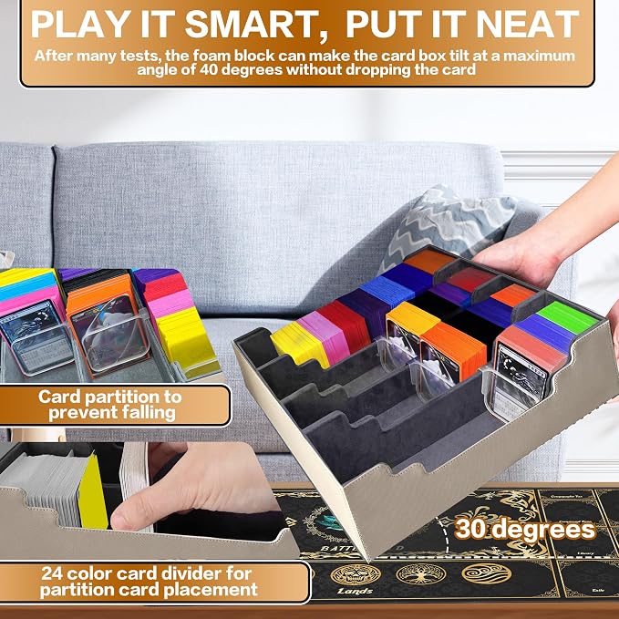 PROMAXIBINDER Trading Card Storage Box Fits 4000+ Cards, 4-Row MTG Commander Deck Case with Playmat, 6 Movable Partitions 24 Dividers PU Leather Magnetic Closure, Magic/TCG/YuGiOh/Sport (Grey)