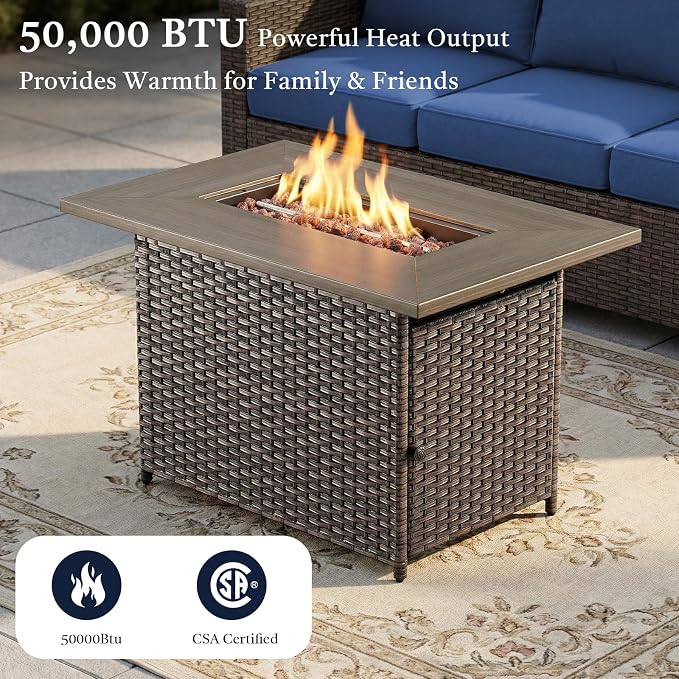 7 Piece Patio Furniture Set with 41" Fire Pit Table - High Back Swivel Glider Patio Chairs Set of 6, All Weather Deep Seating Outdoor Conversation Set for Porch Deck Yard Pool Brown
