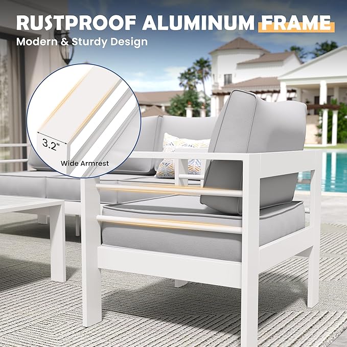 Amopatio Aluminum Patio Furniture Set, 8 Pieces Modern Patio Conversation Sets, Outdoor Sectional Metal Sofa with Coffee Table for Balcony, Garden, White (Included Waterproof Covers)