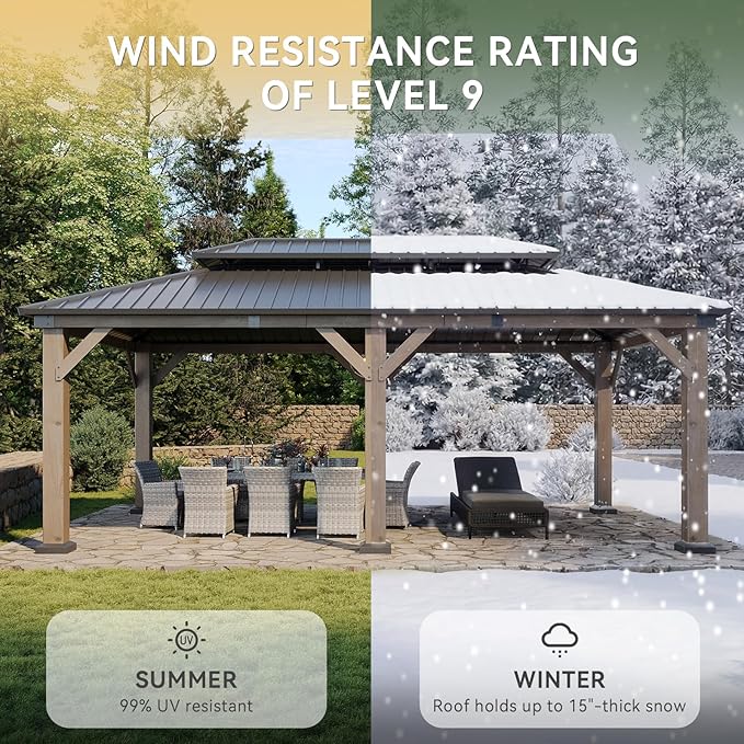 Aoxun 12' x 20' Outdoor Wood Gazebo, Hardtop Gazebo Permanent Wooden Pavilion with Galvanized Steel Double Roof, and LED Outdoor Waterproof Hanging Lights, for Patio, Garden, Deck, Cedar Wood