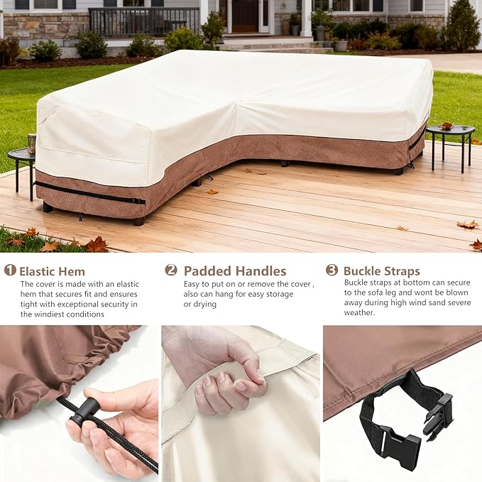 okcool Outdoor Sectional Sofa Cover Waterproof V Shaped Patio Furniture Covers for 5-Seater Outdoor Sectional Furniture Couch 85"(85''L) x 33.5''D x 31''H, Beige & Brown