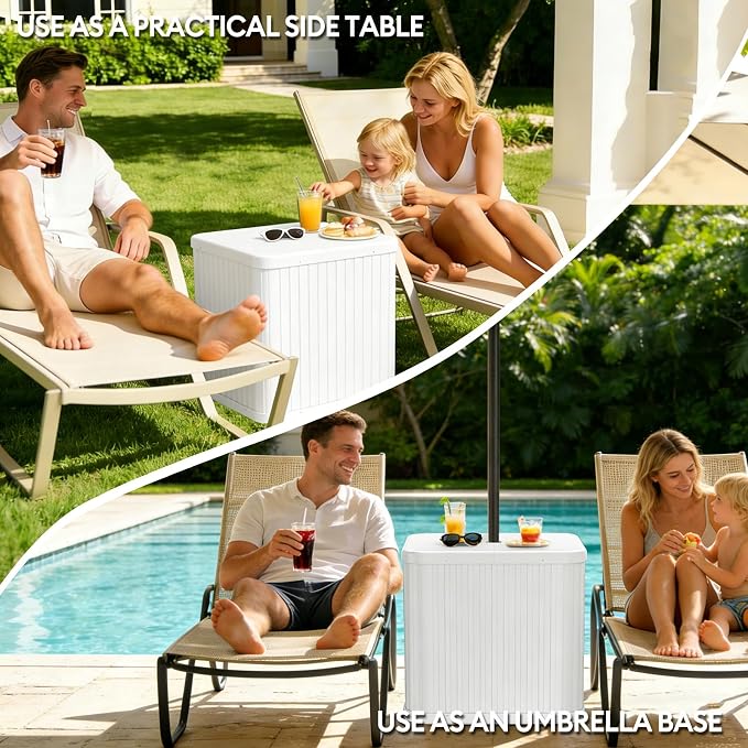 Umbrella Side Table - Hyperzoo Outdoor Patio Table with Umbrella Hole, Heavy Duty Plastic Poolside Table Holds 132 lbs with Water Filled Base, Fits ≤1.5”Umbrella Pole for Poolside & Backyard, White