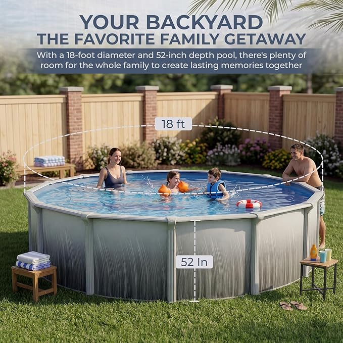 Blue Wave Martinique 18-ft Round 52-in Deep Hard Sided Steel Wall Above Ground Pool with 7-in Top Seats, 6-in Verticals, Skimmer & Vinyl Liner - 7,200 Gallon Capacity for Family Swimming & Recreation