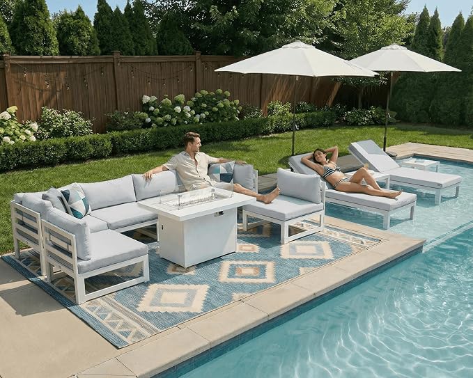 NICESOUL 11 Pcs Oversized Modern Aluminum Patio Furniture Set, 500lbs Heavy Duty Outdoor Sectional Sofa with Chaise & Fire Pit Table, 29" Deep Wide Seating Conversation Couch for Poolside, Light Gray