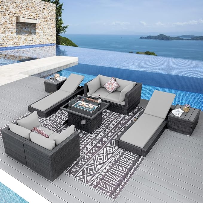 NICESOUL 9 Piece Patio Furniture Set wtih Firepit, Extra-Large Outdoor Sectional with Chaise Lounge, Comfy 29.3'' High-Back Backyard Seating, All-Weather Couch Set, Modular Sofa for Garden, Light Grey