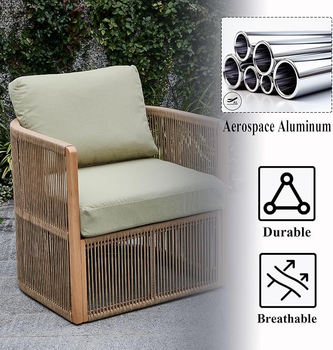 Patio Lounge Sofa Set of 2, Loveseat Rope Patio Furniture Set with Table, Outdoor Aluminum Conversation Sets, Outdoor Chair Sets for Porch, Garden, Deck, Balcony, Green